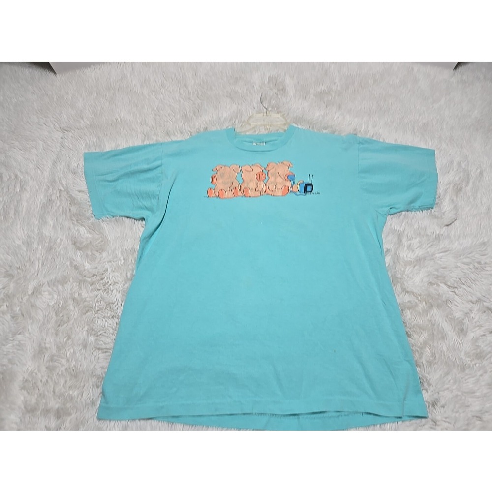 Jim Benton 3 Little Pigs Plug TV XL Shirt Lt Blue Made USA Single-Stitch Flaws*